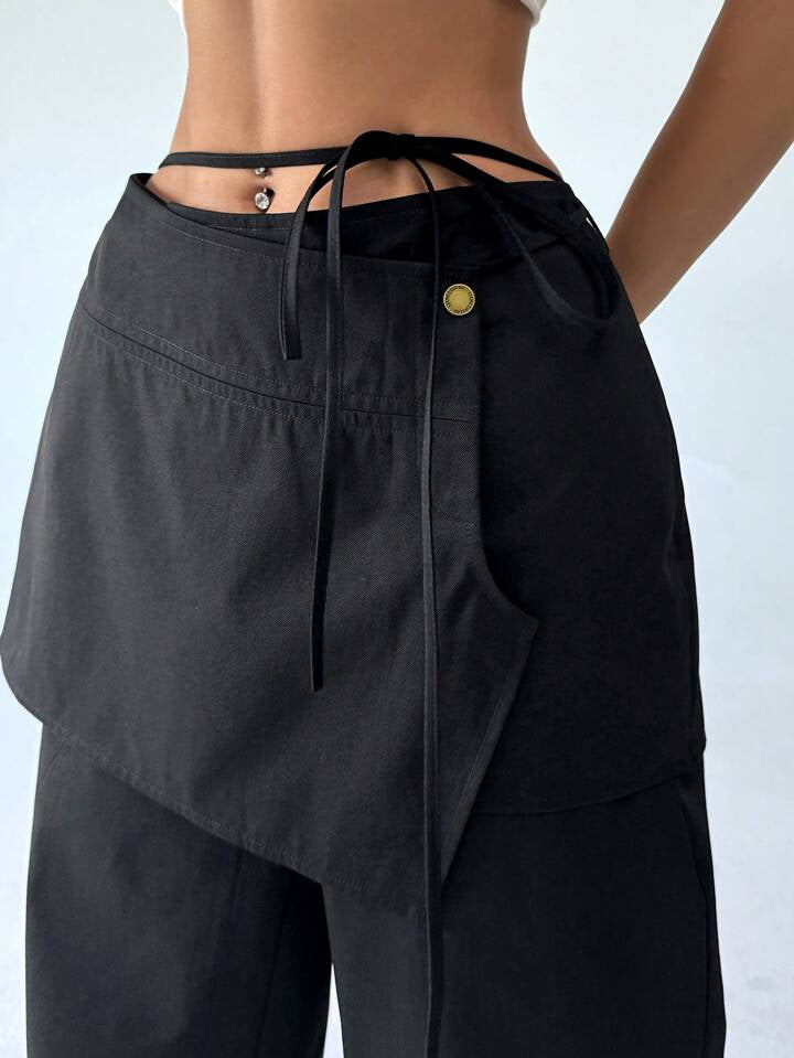 CM-BS536531 Women Casual Seoul Style Drop Waist 2 In 1 Skirt Wide Leg Pants - Black