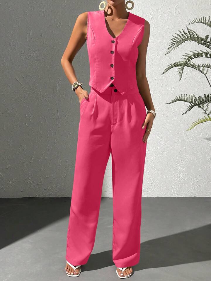 CM-SS665234 Women Elegant Seoul Style V-Neck Sleeveless Vest With Long Pants Suit - Watermelon Pink