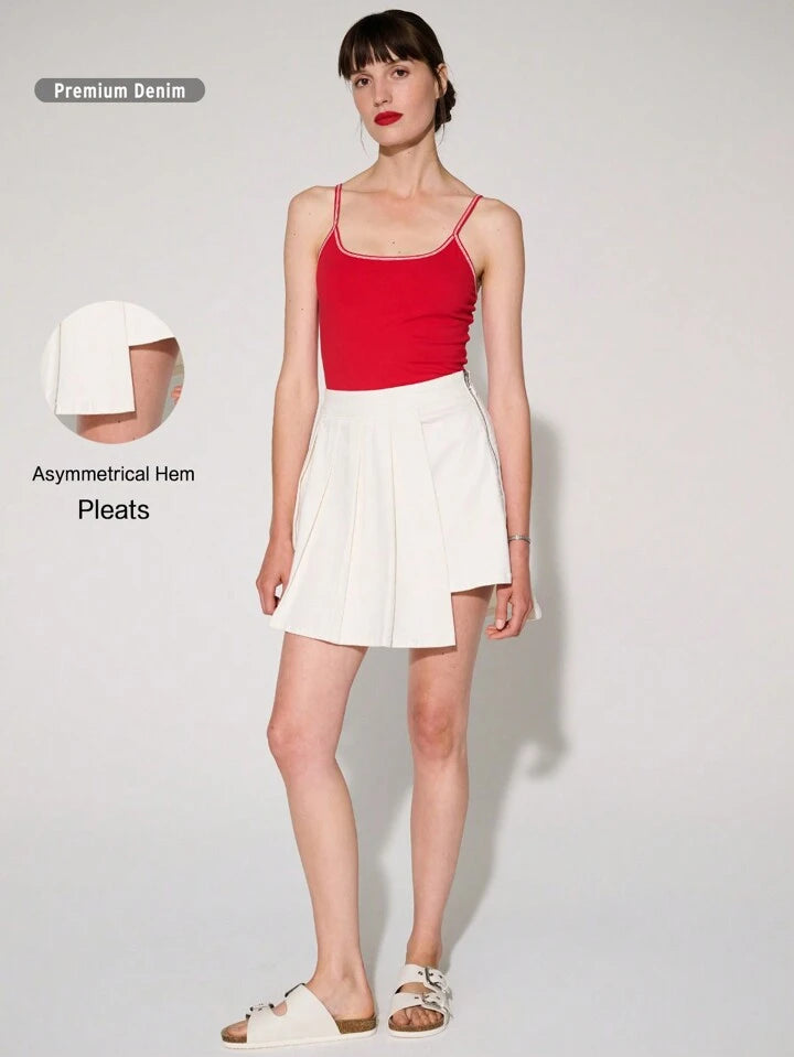 CM-BS554684 Women Casual Seoul Style Drop Waist Pleated Stretch Denim Mini Skirt - White