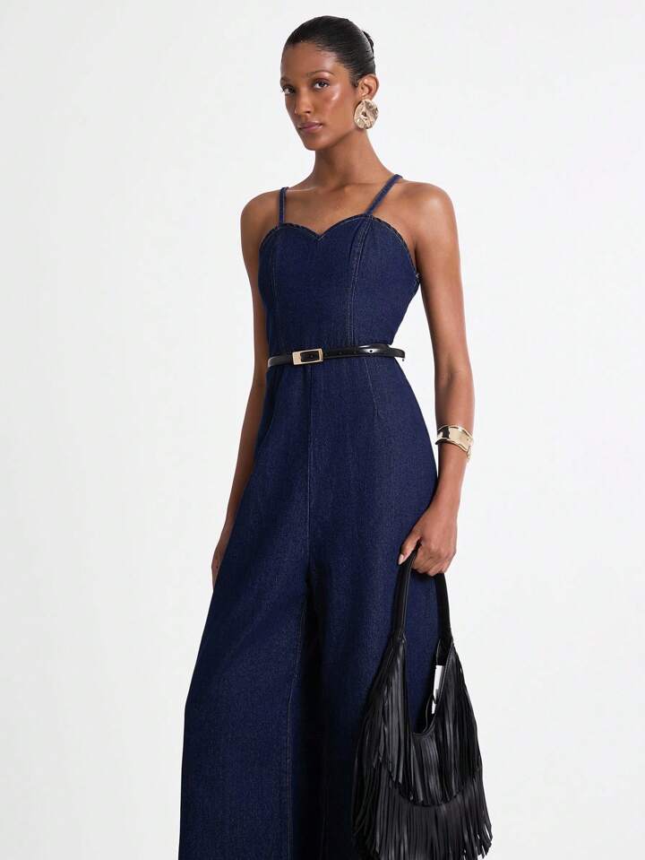 CM-JS419556 Women Casual Seoul Style Dark Wash Spaghetti Strap Sleeveless Extra Long Denim Jumpsuit