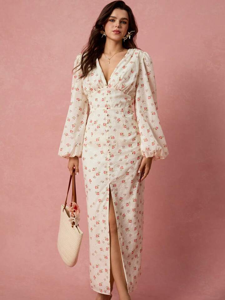 CM-DS269695 Women Elegant Seoul Style Floral Print Hollow Embroidery V-Neck Lantern Sleeve High Slit Maxi Dress