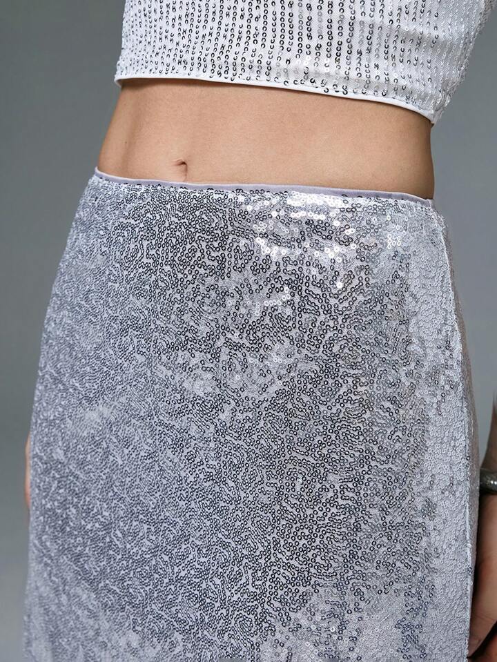 CM-BS292770 Women Elegant Seoul Style Drop Waist Sequined A-Line Maxi Skirt - Silver