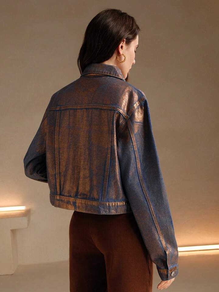 CM-CS152049 Women Casual Seoul Style Embossed Gold Foil Distressed Long Sleeve Denim Jacket