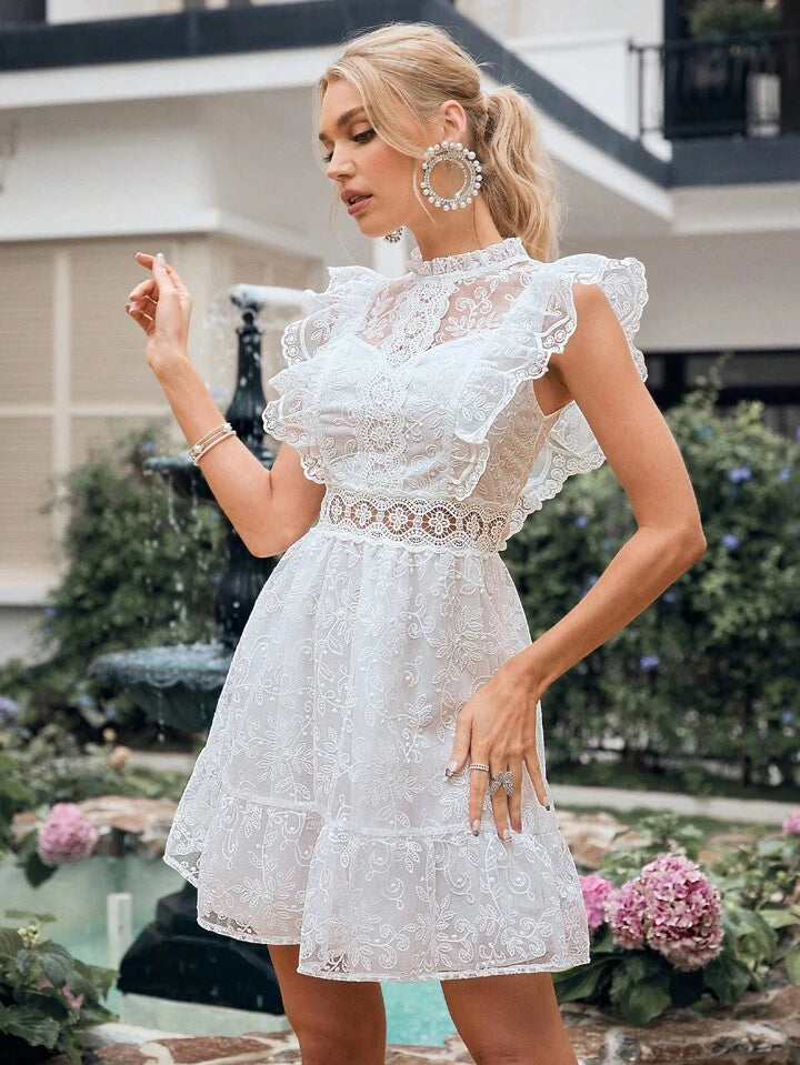 CM-DS666767 Women Elegant Seoul Style Solid Color Short Woven Embroidered Mesh Dress - White