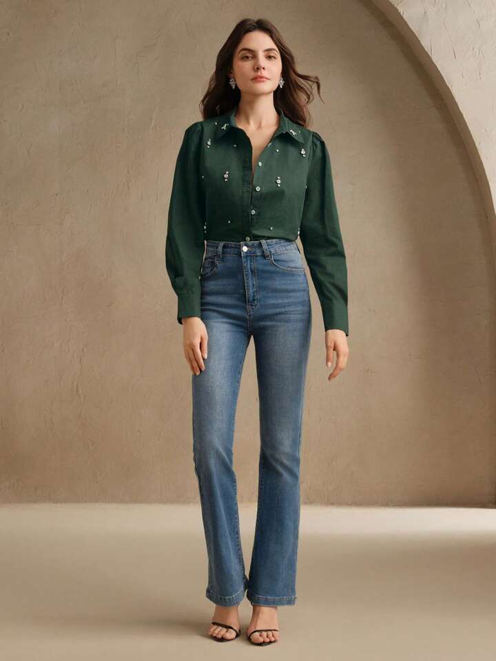 CM-TS018855 Women Elegant Seoul Style Long Sleeve Rhinestone Button Blouse - Dark Green