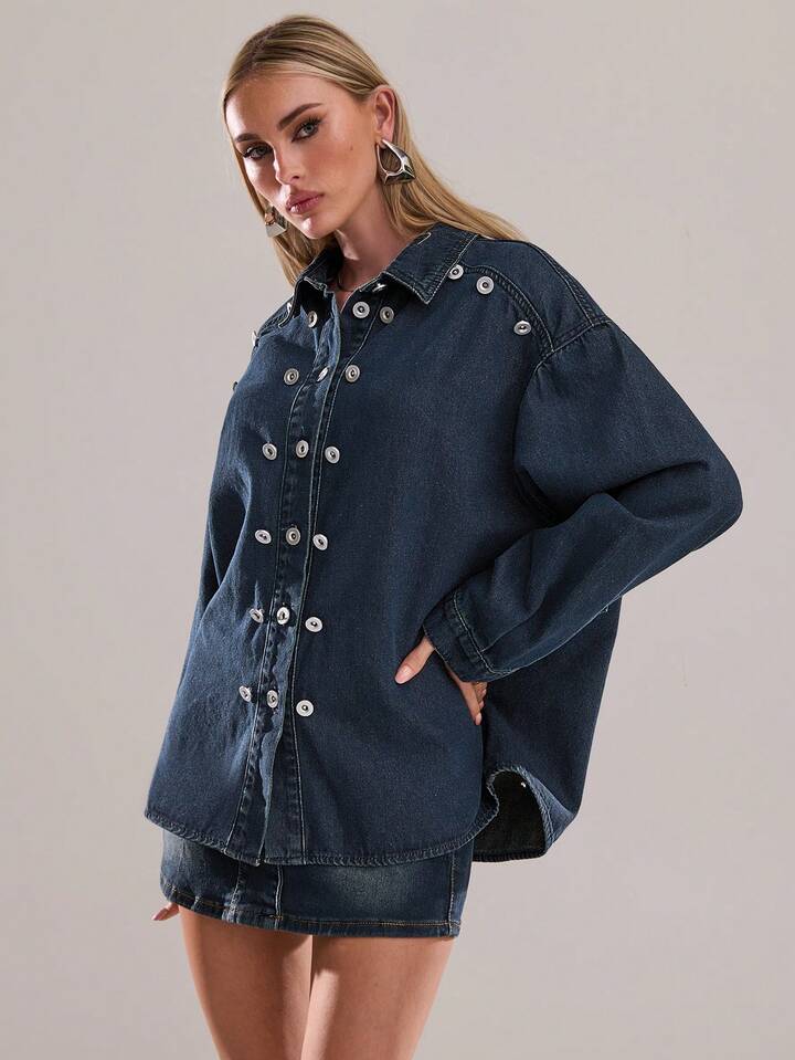 CM-CS944821 Women Casual Seoul Style Dark Wash Shirt Collar Long Sleeve Rivet Decor Denim Jacket