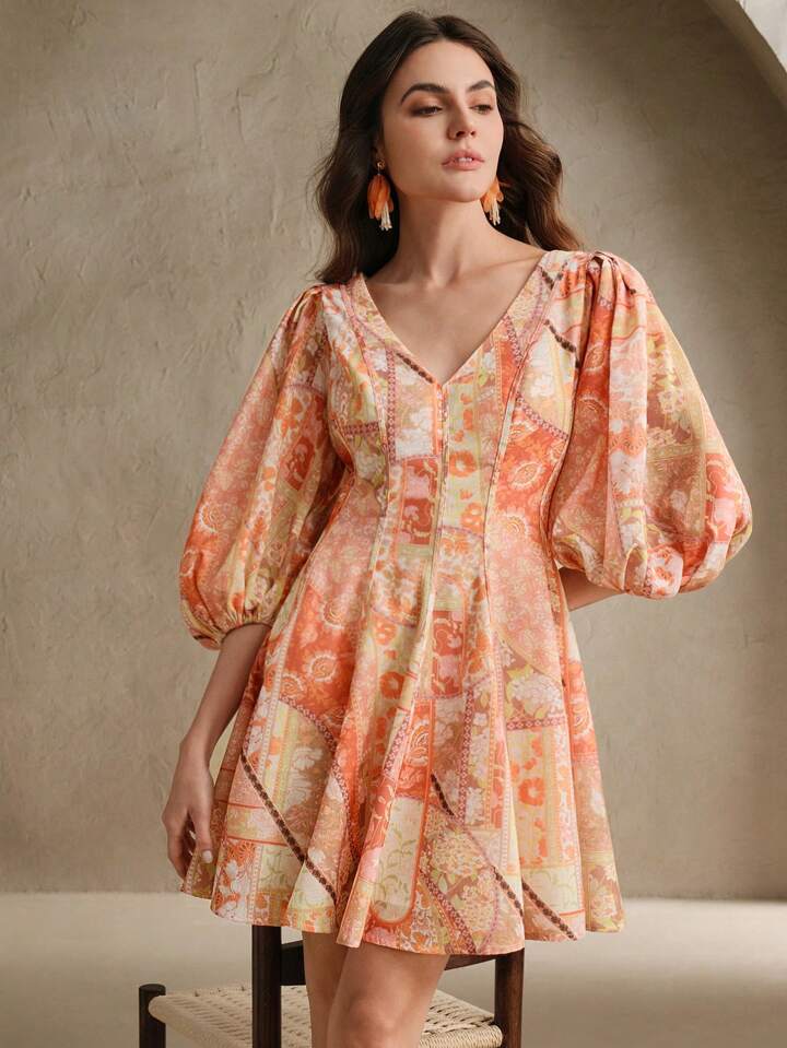 CM-DS483688 Women Trendy Bohemian Style V-Neck Paisley Floral Print Puff Sleeve Linen Short Dress