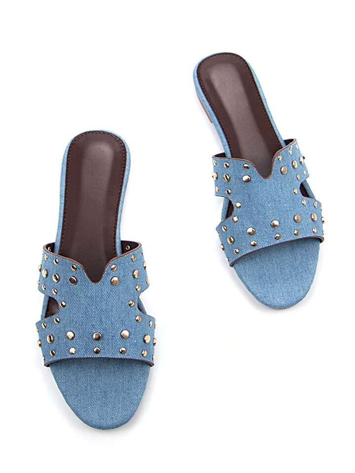CM-SHS066339 Women Trendy Seoul Style Gold Rivet Decor Denim Round Toe Slip-On Flat Mules - Blue
