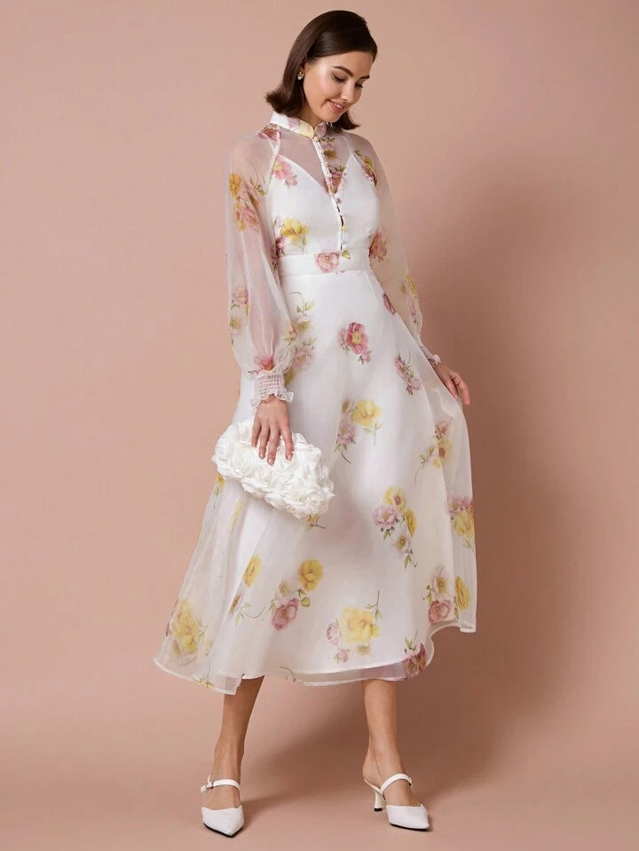 CM-DS711597 Women Elegant Seoul Style Collar Neckline Long Sleeve Floral Print Mesh Overlay Dress