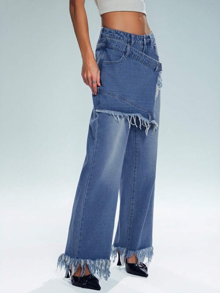 CM-BS899655 Women Casual Seoul Style Mid Waist Patchwork Frayed Hem Wide Leg Jeans - Blue