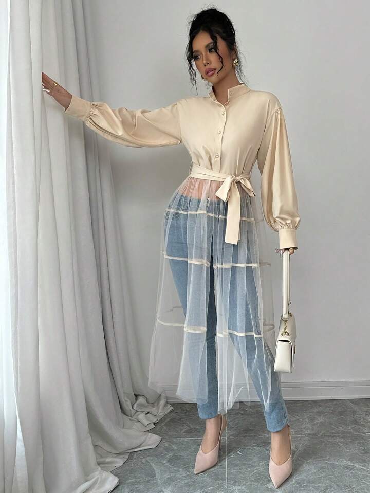 CM-TS484032 Women Casual Seoul Style Front Button Long Sleeve Mesh Contrast Minimalist Blouse