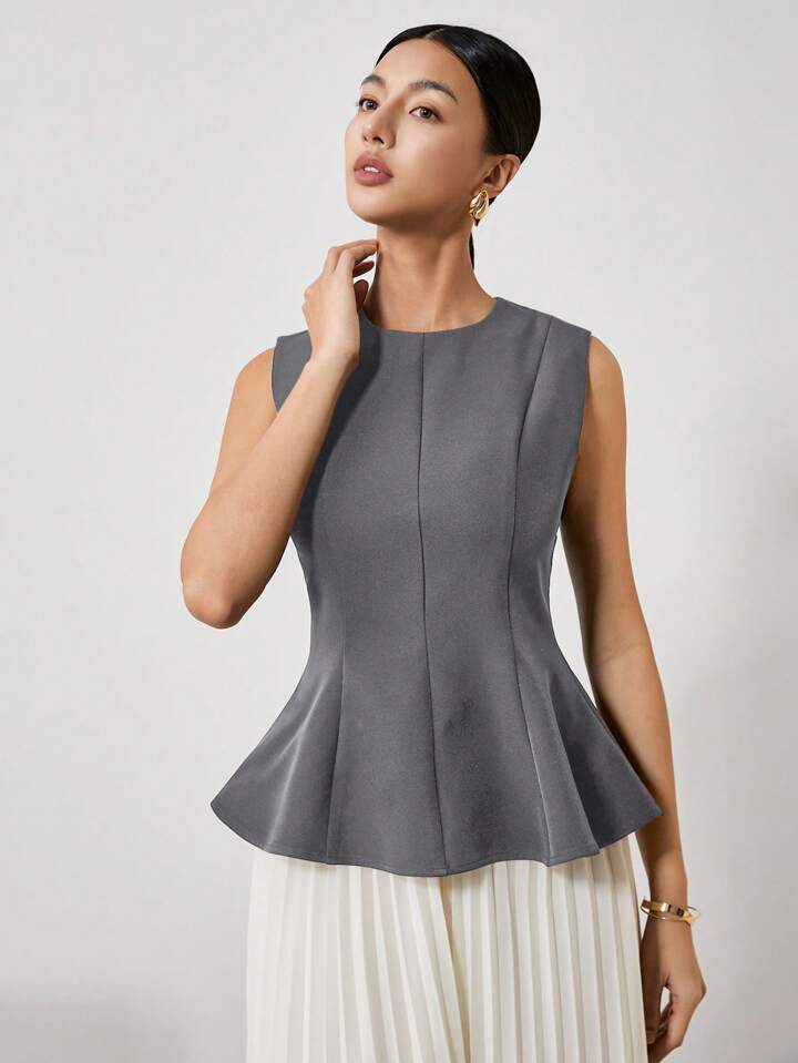CM-TS122550 Women Elegant Seoul Style Solid Color Crew Neck Sleeveless Pleated Slim Fit T-Shirt - Dark Gray
