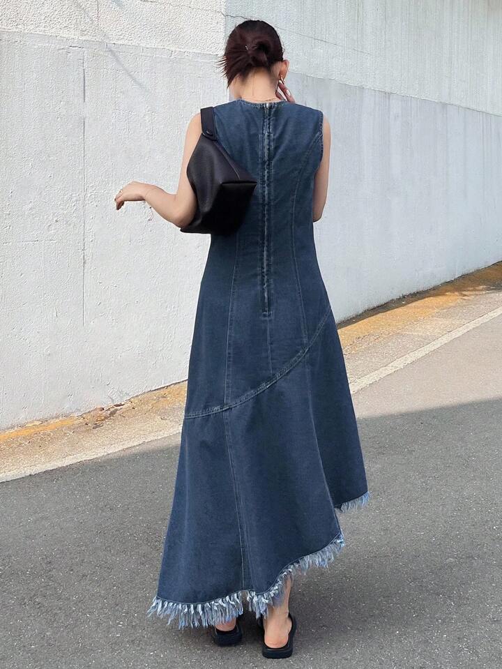 CM-DS567994 Women Casual Seoul Style Round Neck Frayed Hem Sleeveless Loose Denim Dress - Blue
