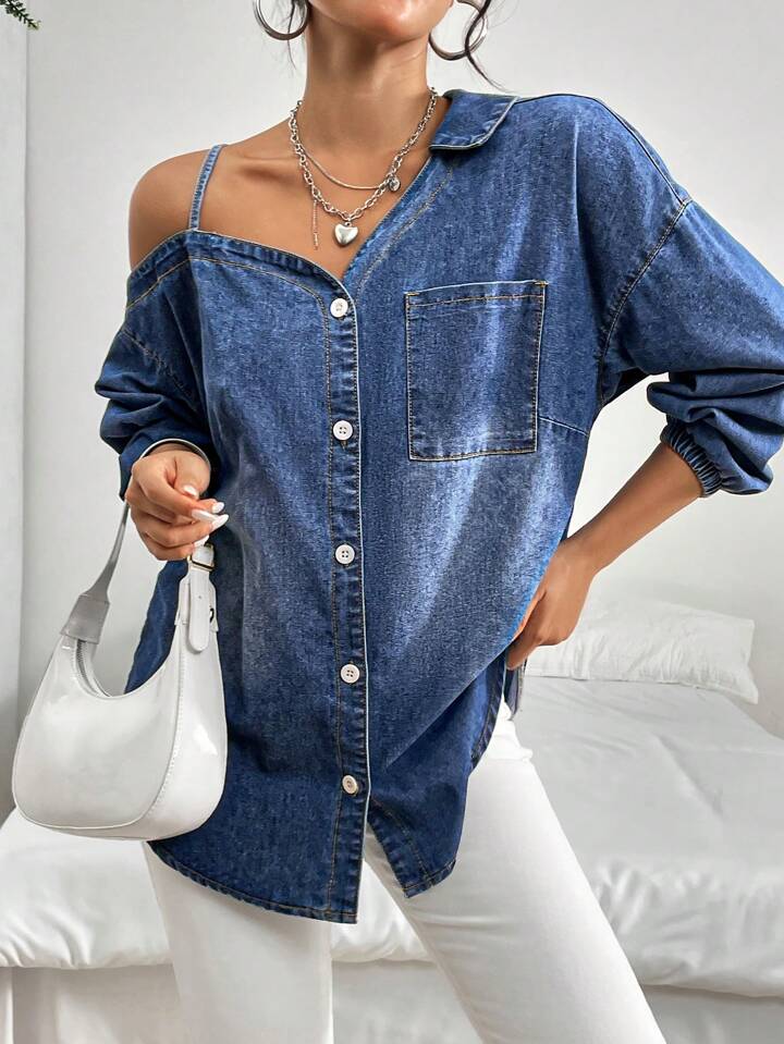 CM-TS782198 Women Casual Seoul Style Medium Wash Oversized Long Sleeve Open Shoulder Denim Top
