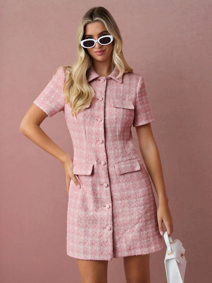 CM-DS211203 Women Elegant Seoul Style Tweed Button Front Collar Neckline Short Sleeves Mini Dress - Pink