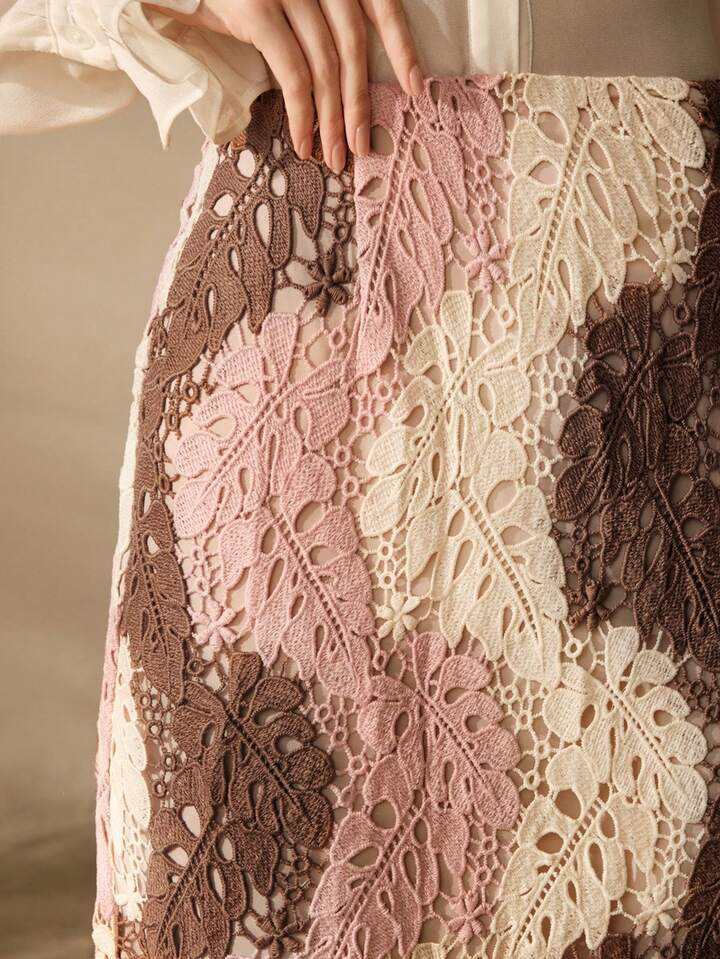 CM-BS058071 Women Elegant Seoul Style Contrast Color Hollow Embroidered Asymmetrical Skirt