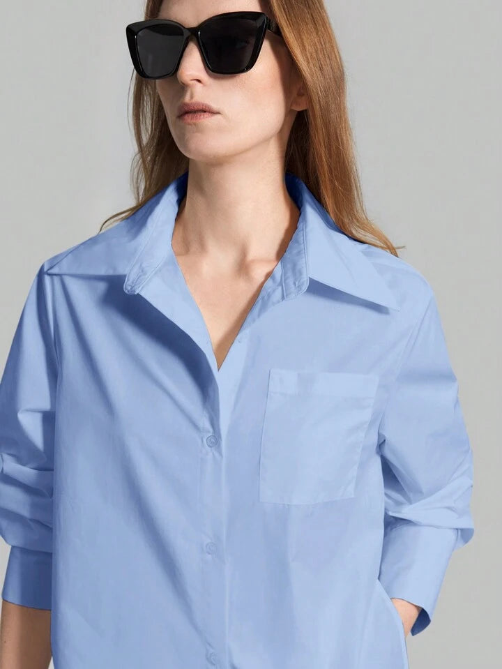 CM-TS815753 Women Casual Seoul Style Shirt Collar Long Sleeve Front Button High Slit Long Shirt - Blue