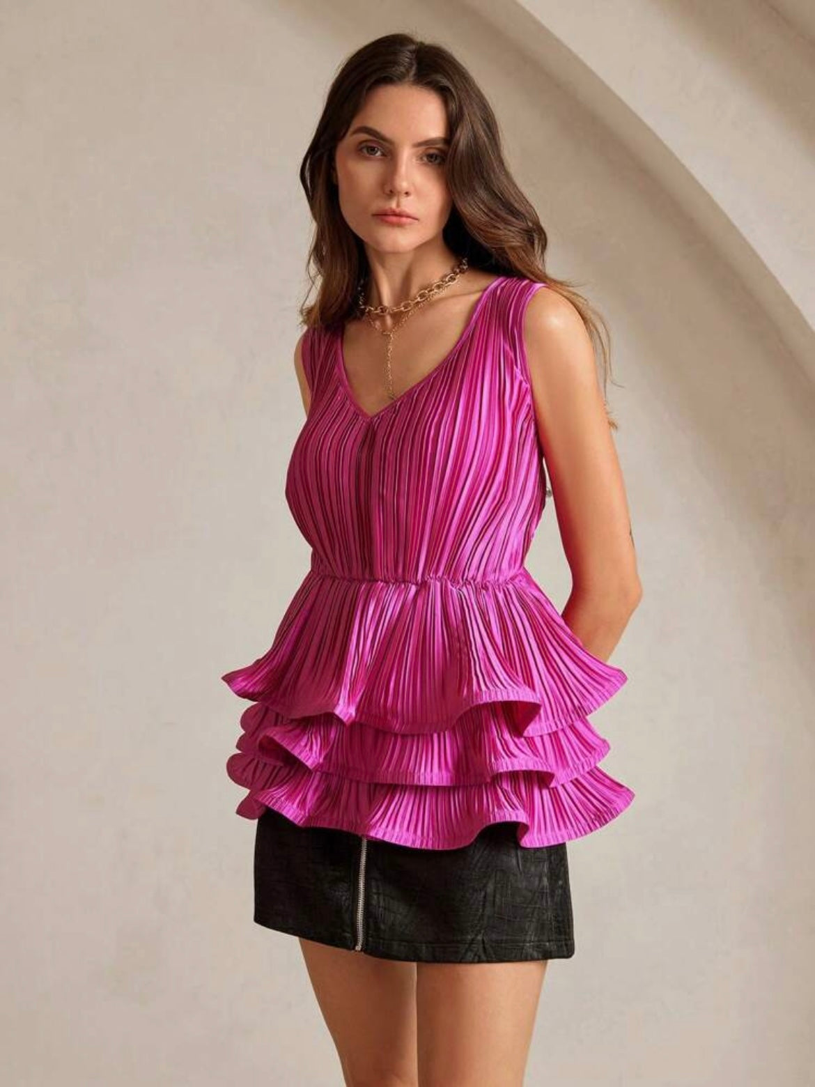 CM-TS557544 Women Elegant Seoul Style Multi-Layer Ruffle V-Neck Sleeveless Blouse - Rose Red