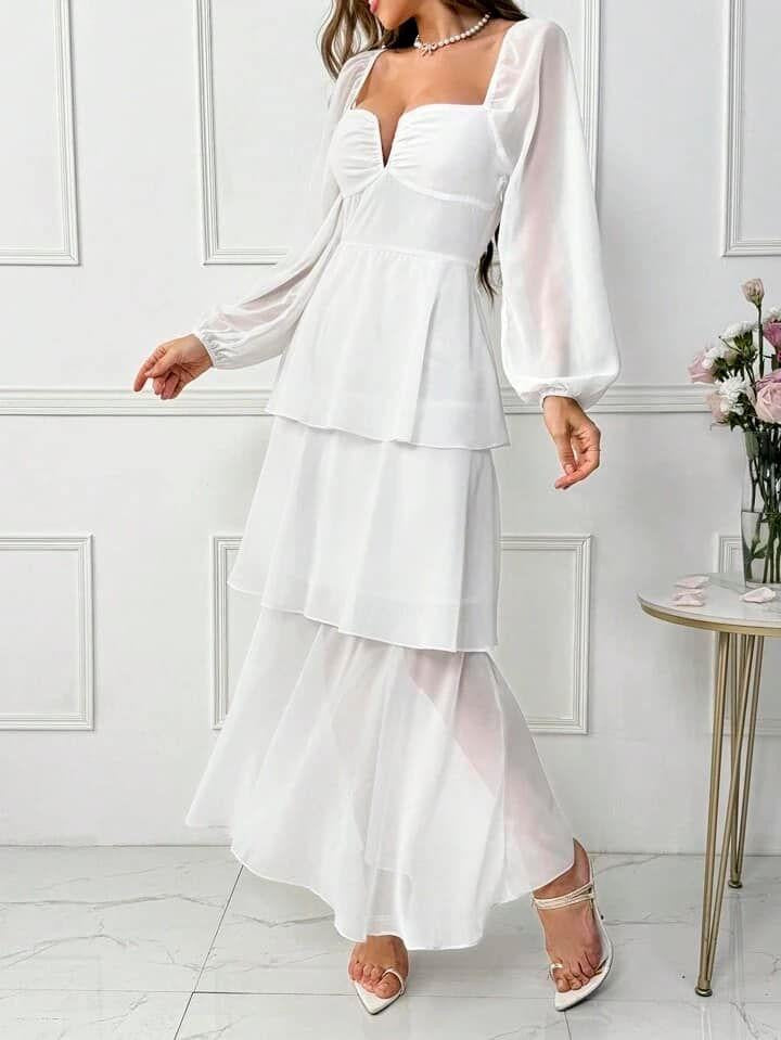 CM-DS422360 Women Elegant Seoul Style Ruffle Hem Mesh Splicing Lantern Sleeve Dress - White