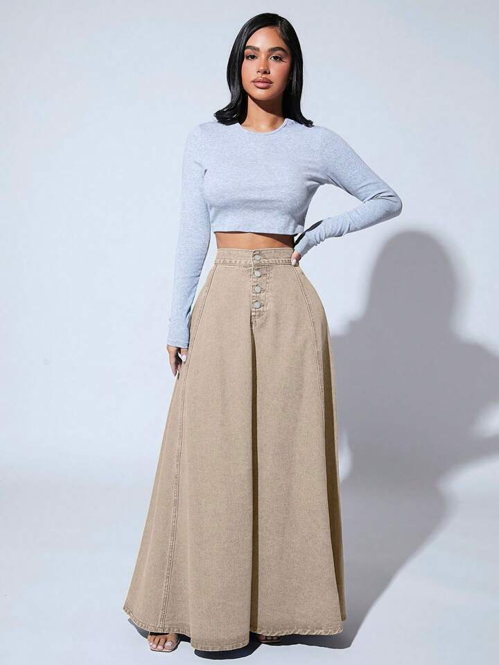 CM-BS789476 Women Casual Seoul Style High Waist Button Front Extra Long Denim Skirt - Apricot
