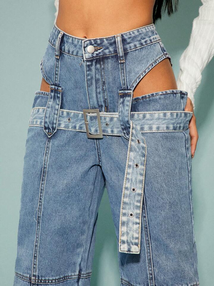 CM-BS414217 Women Elegant Seoul Style Belted Loose Wide Leg Denim Jeans - Blue