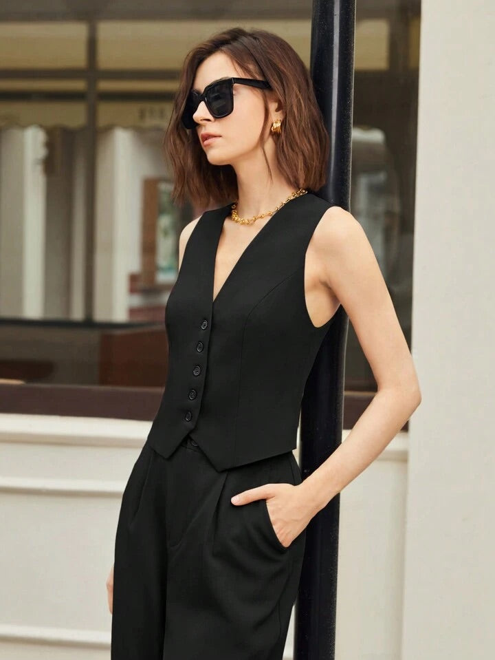 CM-SS792977 Women Casual Seoul Style Slim Fit Single-Breasted Vest With Capri Pants Set - Black