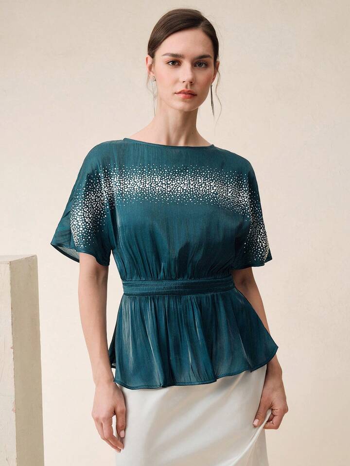 CM-TS022873 Women Elegant Seoul Style Round Neck Short Sleeve Rhinestone Gathered Waist Pullover Blouse - Cadet Blue