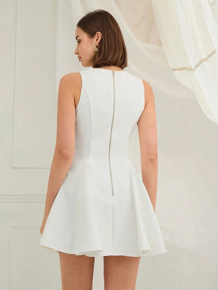 CM-DS800859 Women Elegant Seoul Style V-Neck Front Button Sleeveless A-Line Mini Dress - White