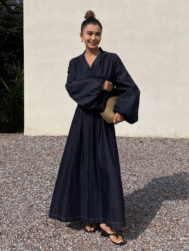 CM-DS647787 Women Casual Seoul Style V-Neck Ruched High Waist Puff Sleeve Denim Dress - Blue