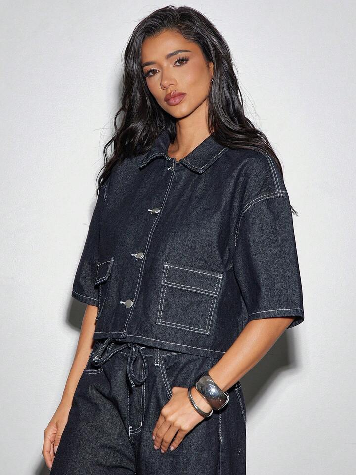 CM-TS949244 Women Elegant Seoul Style Dark Wash Collared Short Sleeve Button Front Boxy Fit Denim Top