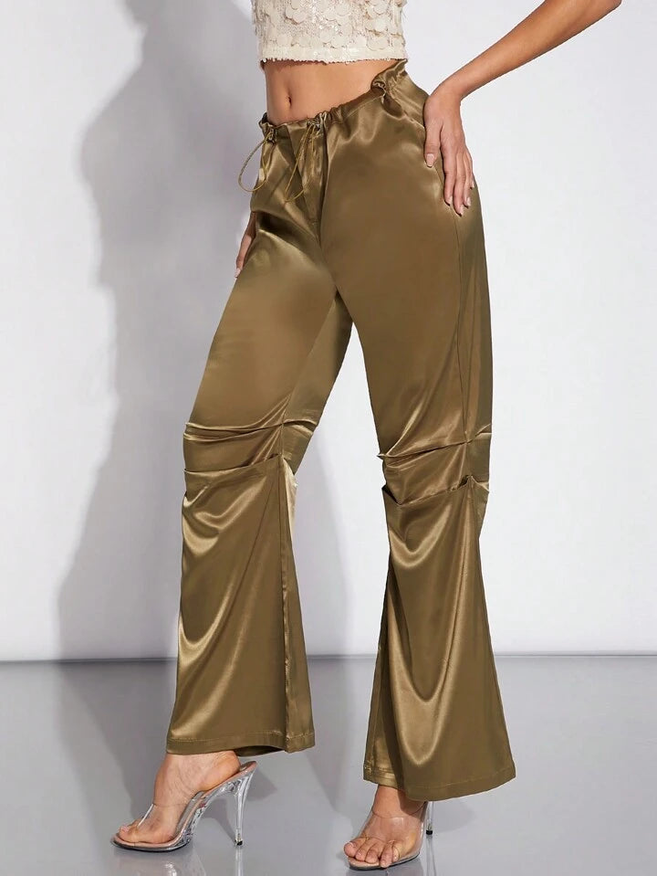 CM-BS322598 Women Elegant Seoul Style Drawstring Waist Pleated Satin Pants - Olive Green