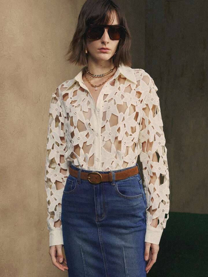 CM-TS750320 Women Elegant Seoul Style Floral Hollow Slightly Dropped Shoulder H-Shaped Patchwork Long-Sleeve Blouse