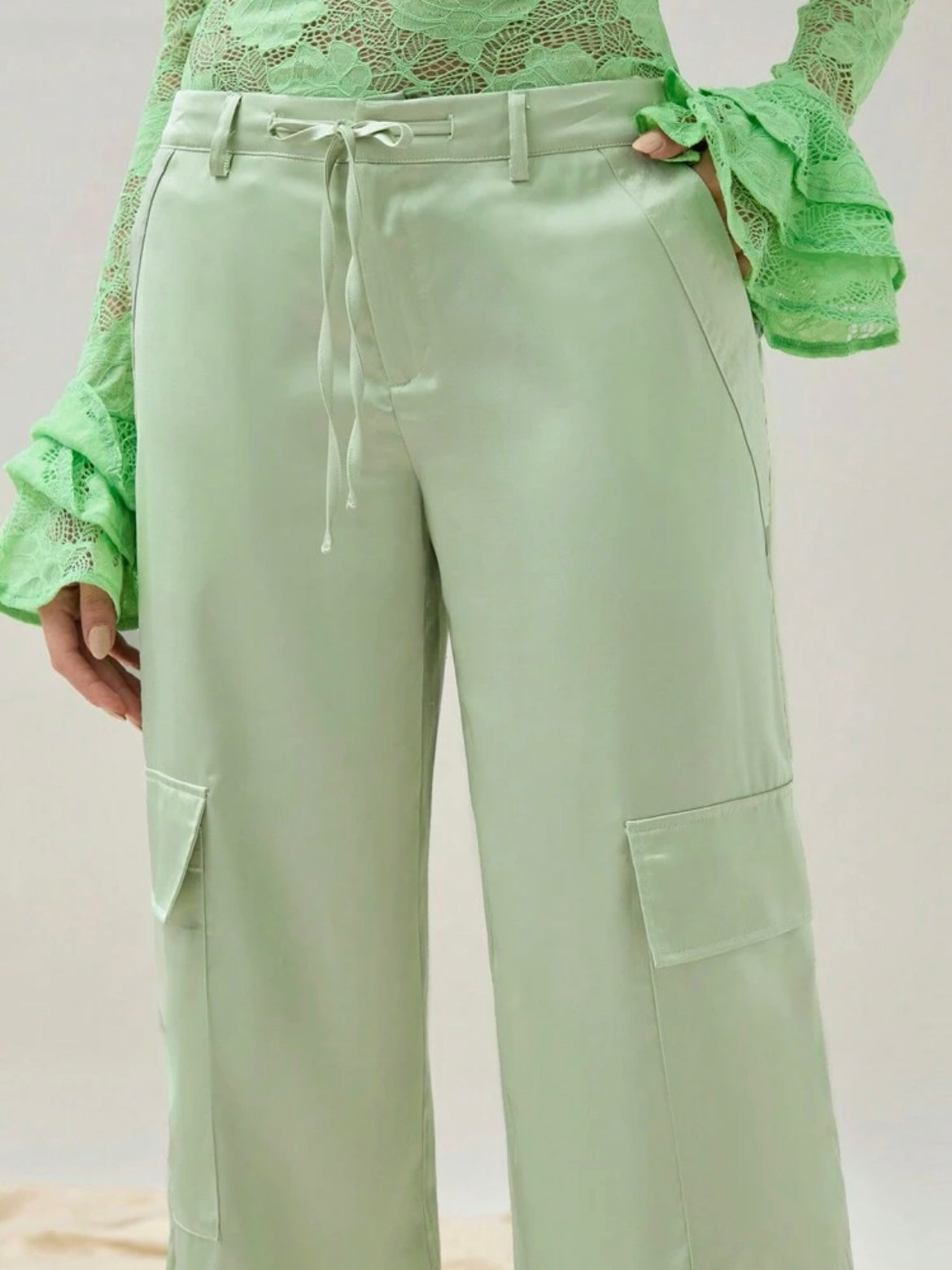 CM-BS742419 Women Casual Seoul Style Solid Color Belted Pocketed Wide Leg Trousers - Mint Green