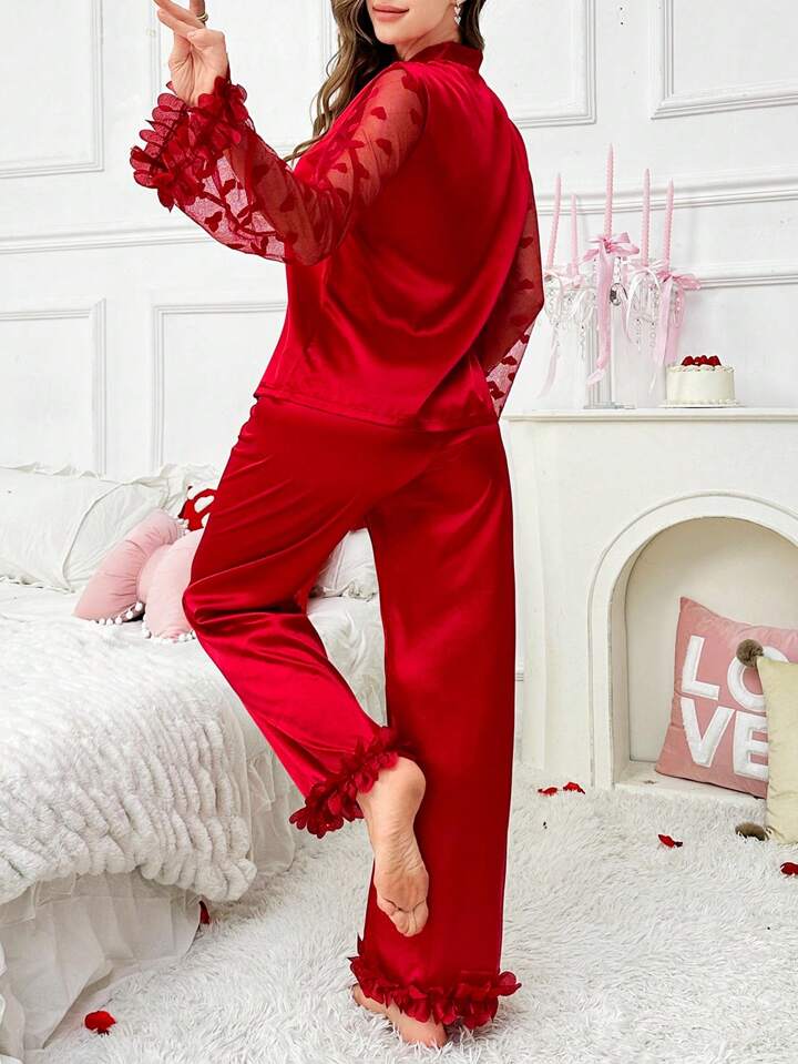 CM-LS535185 Women Trendy Seoul Style 3D Floral Lace Heart Mesh Satin Pajama Set - Red