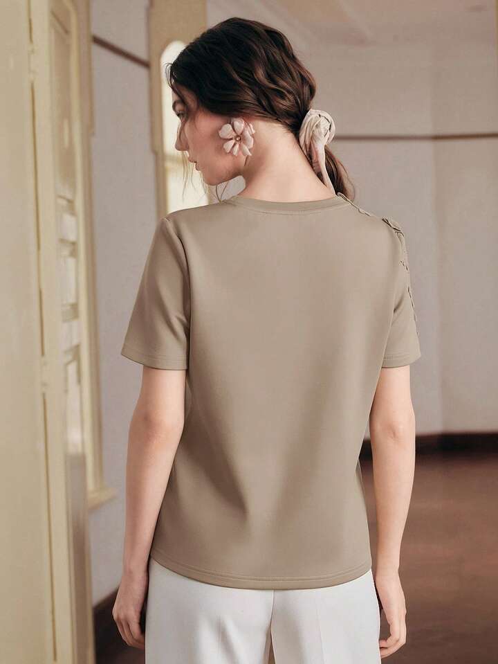 CM-TS777949 Women Elegant Seoul Style Round Neck Short Sleeve Lace Patchwork 3D Embroidered Floral Knit T-Shirt - Khaki
