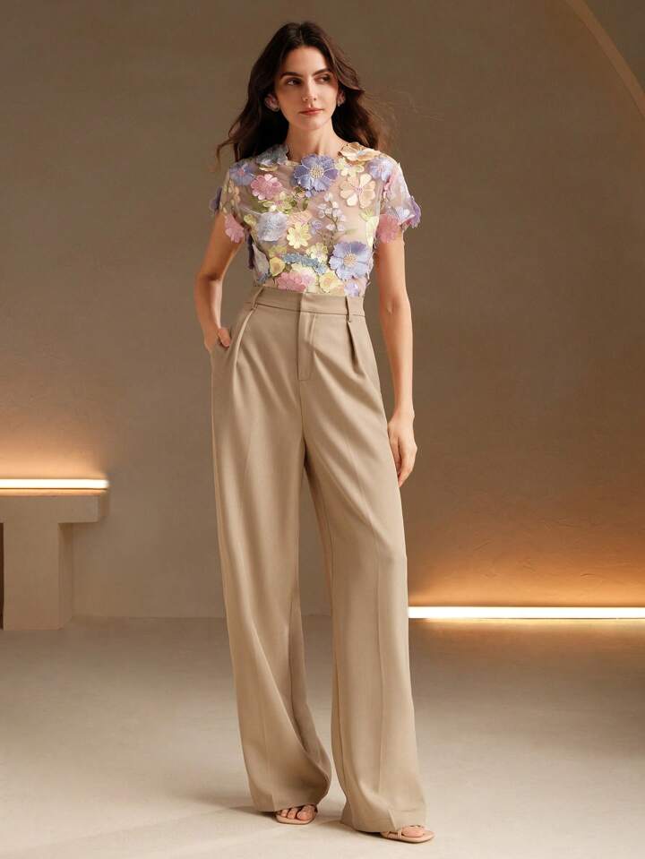 CM-TS588829 Women Elegant Seoul Style Round Neck Flounce Sleeve Embroidery Floral Applique Blouse - Baby Pink