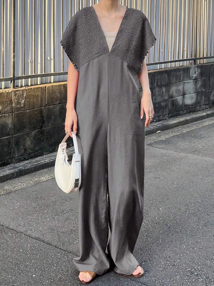 CM-JS643449 Women Trendy Bohemian Style V-Neck With Drawstring Jumpsuit Trousers - Dark Gray