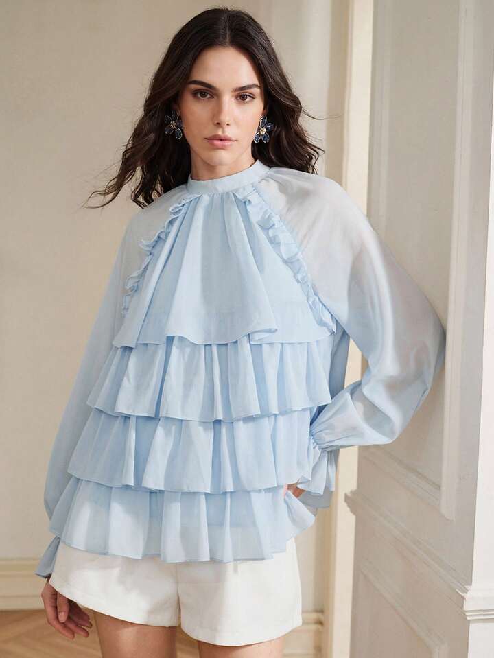 CM-TS611176 Women Elegant Seoul Style Stand Collar Multi-Layer Ruffle Flowy Long Sleeve Sheer Blouse - Blue