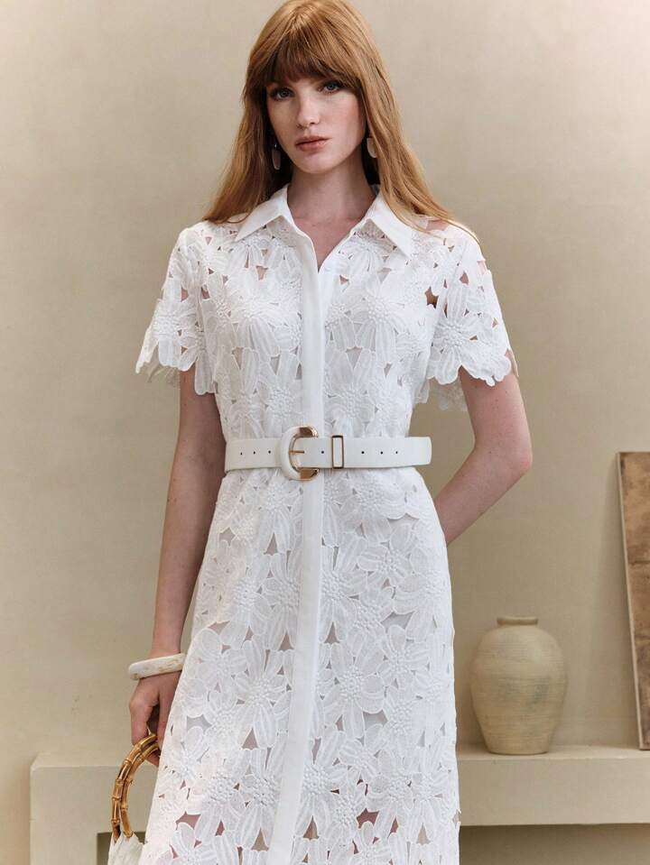 CM-DS577050 Women Trendy Bohemian Style Lace Hollow-Out Embroidered Floral Short Sleeve Open-Front Maxi Dress