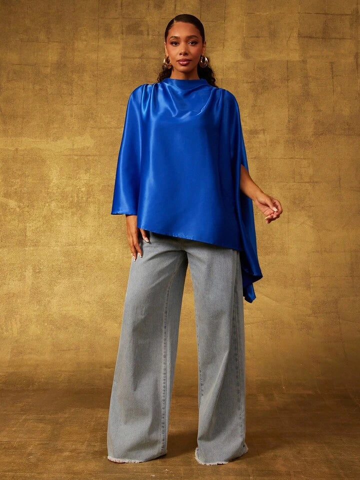 CM-TS529165 Women Elegant Seoul Style Stand Collar Sleeveless Satin Draped Asymmetrical Hem Cape Top - Blue