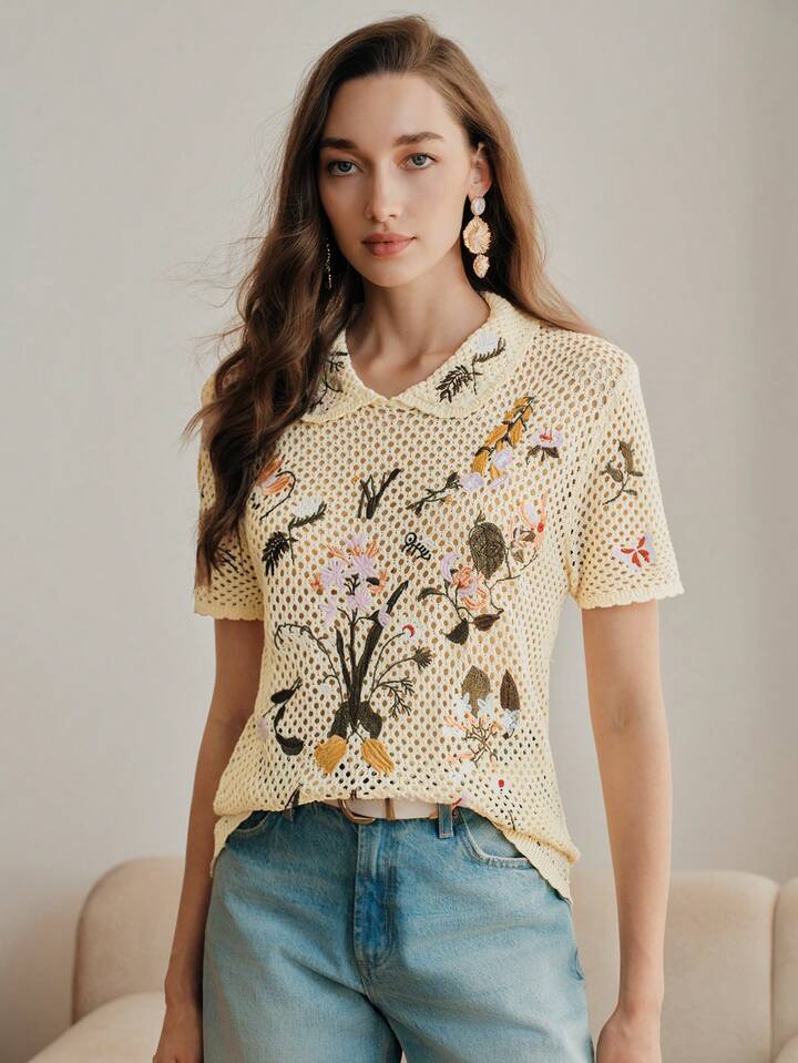 CM-TS343410 Women Casual Seoul Style Embroidered Hollow Out Collar Neckline Short Sleeve Knit Top