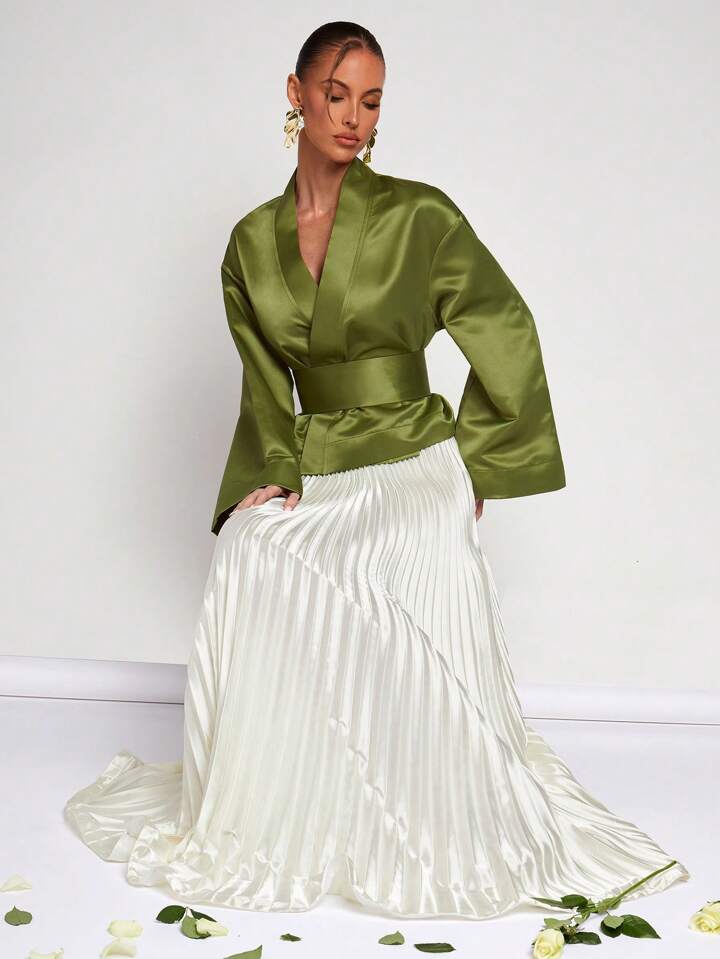 CM-TS808575 Women Elegant Seoul Style Solid Color V-Neck Wrap Flared Sleeve Blouse - Green