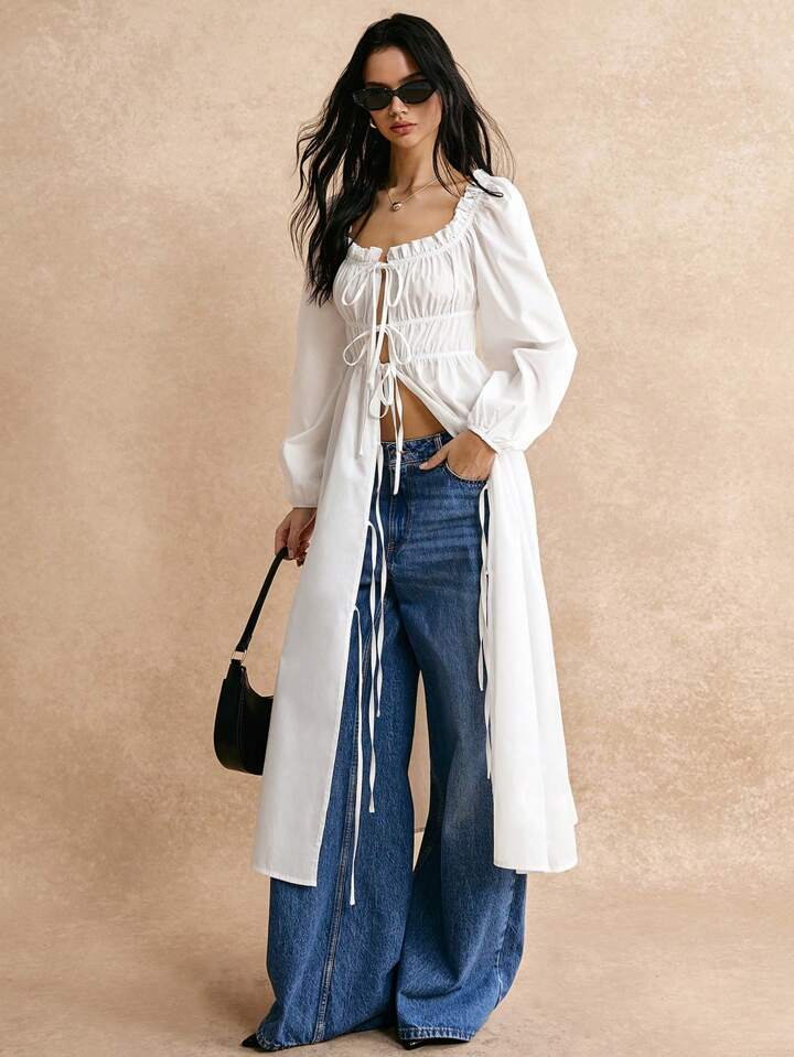 CM-TS147828 Women Casual Seoul Style Lace Up Bowknot Front Lantern Sleeve Long Shirt - White