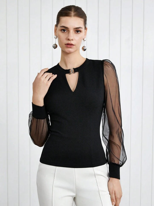 CM-TS157594 Women Elegant Seoul Style Keyhole Neckline Mesh Splicing Long Sleeve Top - Black