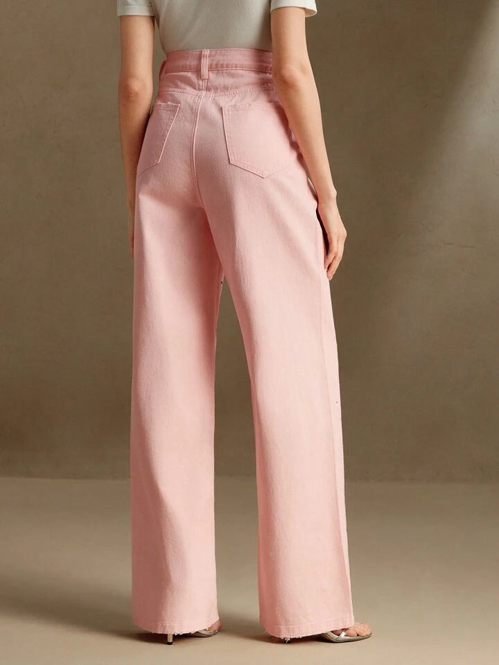 CM-BS806583 Women Casual Seoul Style Mid Waist Rhinestoned Decor Straight Leg Jeans - Pink
