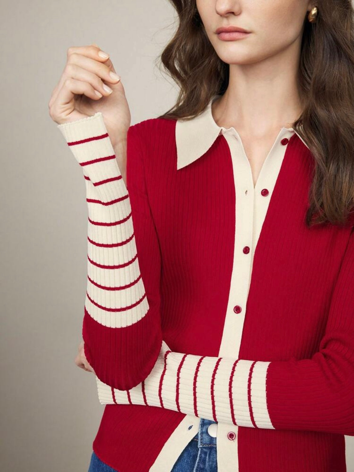 CM-CS006001 Women Casual Seoul Style Striped Long Sleeve Button-Up Rib Knit Sweater - Red