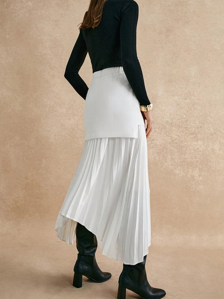 CM-BS110452 Women Elegant Seoul Style Ruched Patchwork Asymmetrical Hem A-Line Skirt - White