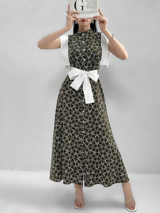 CM-DS906166 Women Casual Seoul Style Stand Collar Sleeveless Geometric Printed Patchwork A-Line Dress