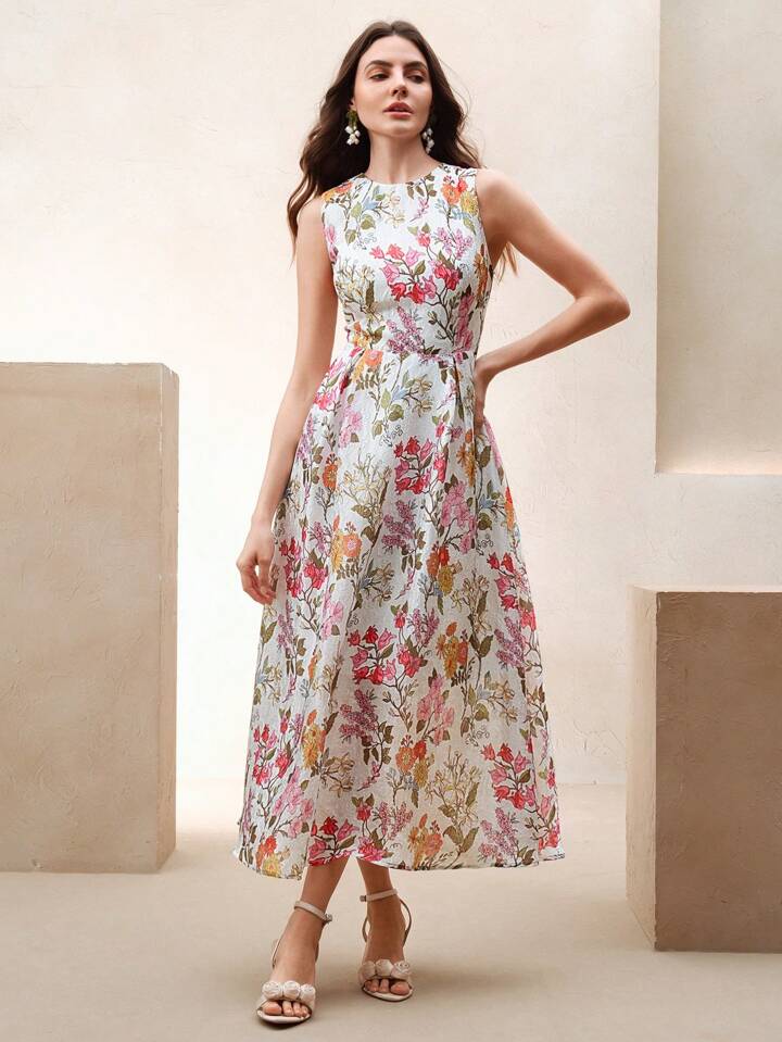 CM-DS288882 Women Elegant Seoul Style High-Quality Round Neck Floral Printed Sleeveless Long Dress