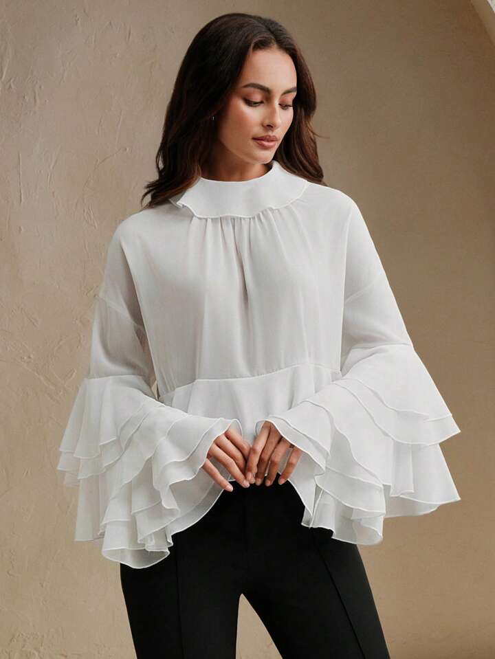 CM-TS115271 Women Elegant Seoul Style Flounce Collar Long Sleeve Silk Chiffon Shawl Top Ruffle Hem Loose Blouse